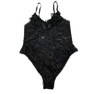 Vintage Chic Lingerie Co Teddy Bodysuit Size L Black Lace Ruffle Trim Sheer